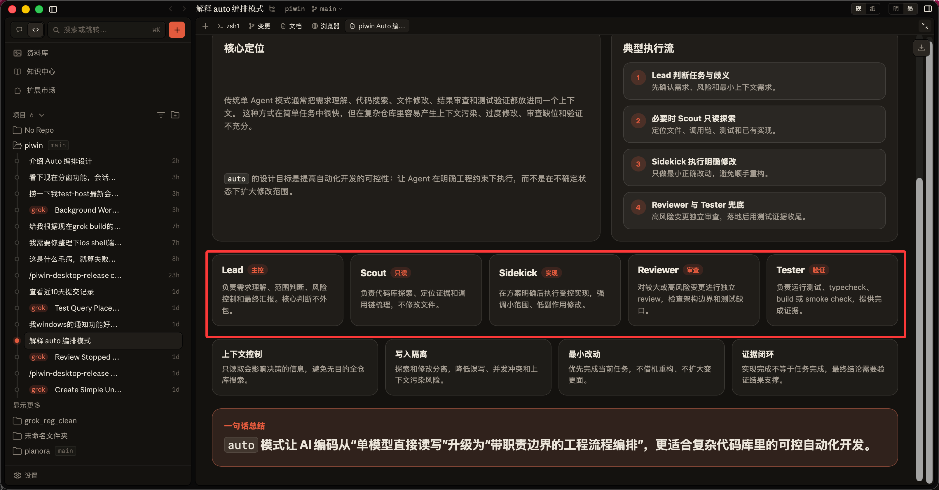 Auto 的五个角色卡片：Lead、Scout、Sidekick、Reviewer、Tester